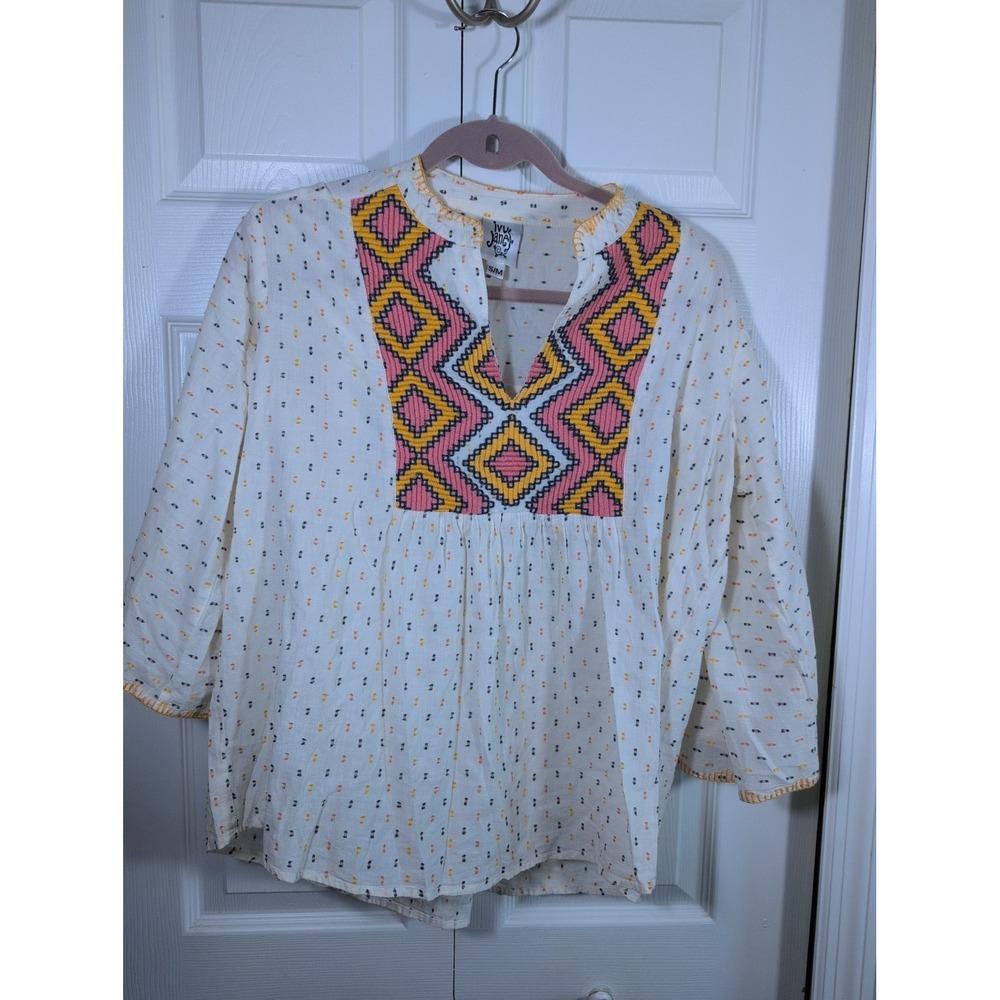 Ivy Jane Cream Embroidered V-Neck 3/4  Sleeve Blouse S/M